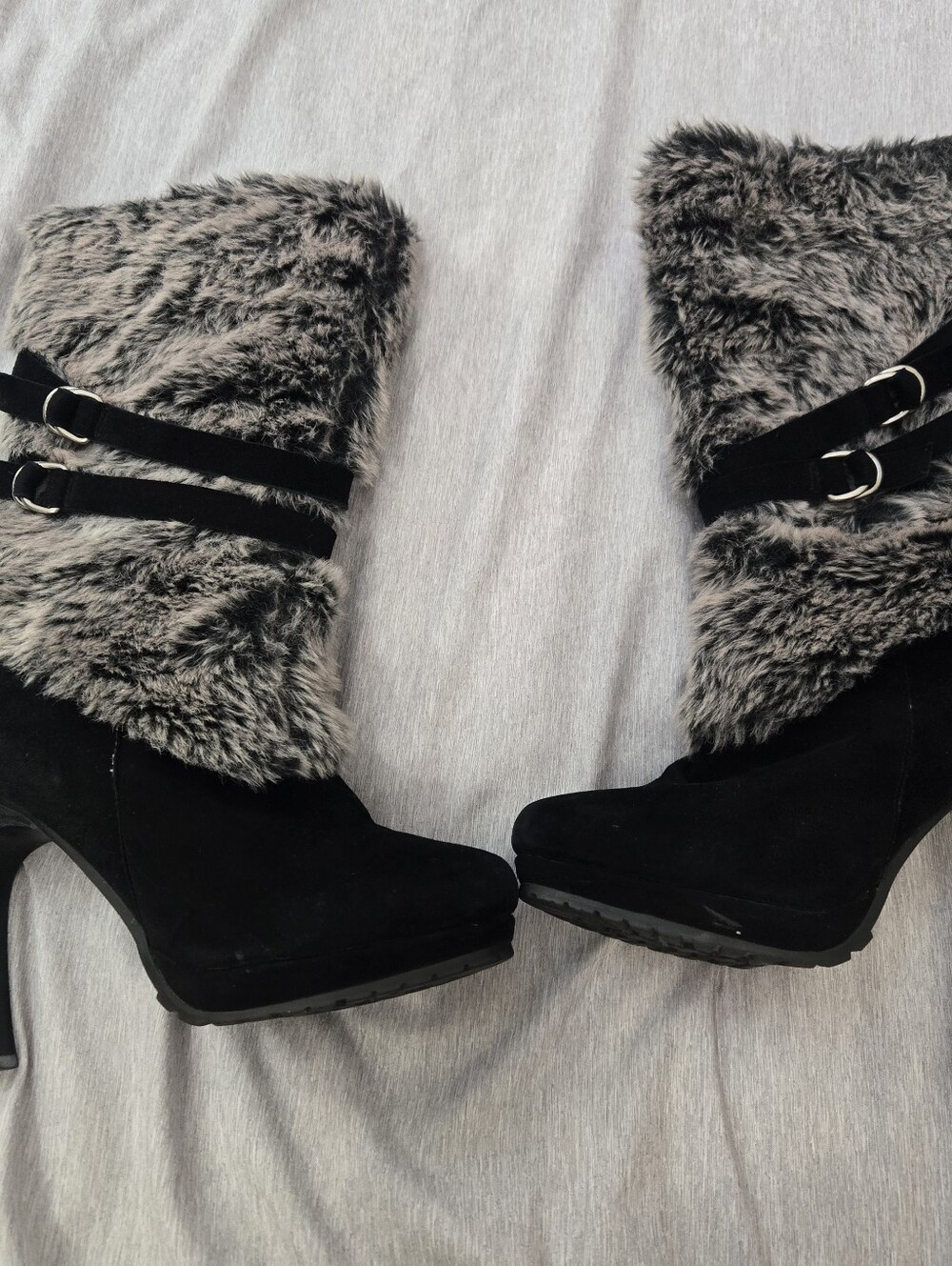 Fox Black And Grey Fur Buckle Heeled Boots